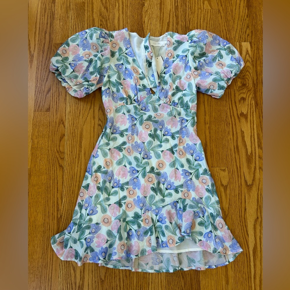 Astr Floral Puff-Sleeve Kids Dress in Pastel Pink, Blue & Green